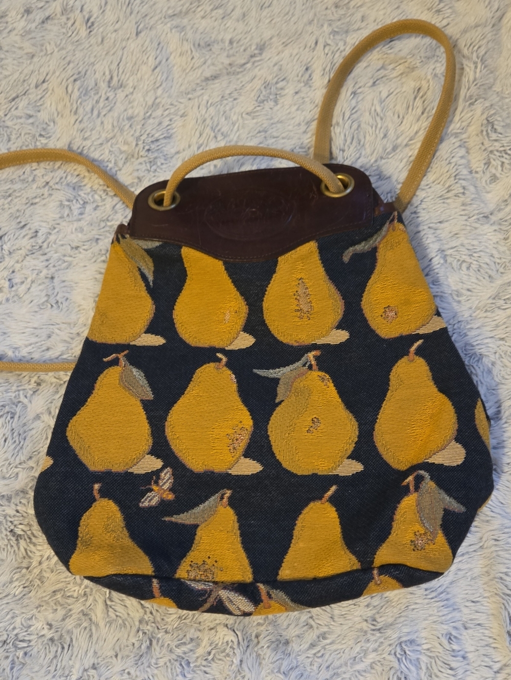 Liz Cox Tapestry And Leather Pear Print Drawstring Backpack
